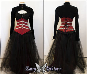 black and red rib cage corset ballgown