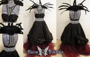 black silk and tulle bubble gown with feathers