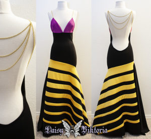pink black gold striped bee gown