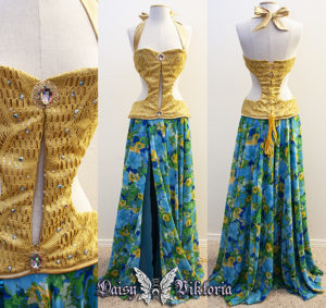 gold and blue floral gown