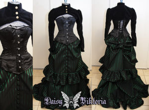 green and black striped steampunk gown