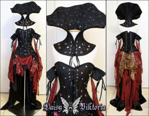 red and black high collar evil queen corset gown