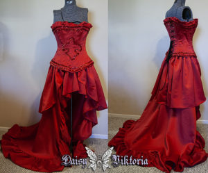 red ruffled corset gown