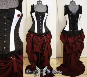 red white and black corset bustle gown