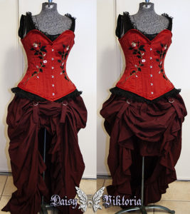 red corset and busle gown