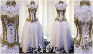 white and gold owl corset ballgown