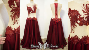 red chiffon lace applique gown pockets