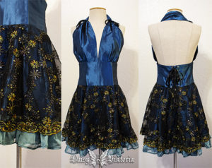 blue gold lace halter dress