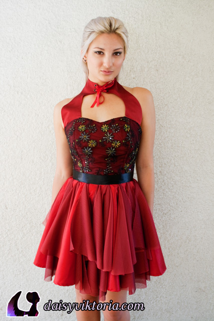 red embroidered lace halter fairy dress