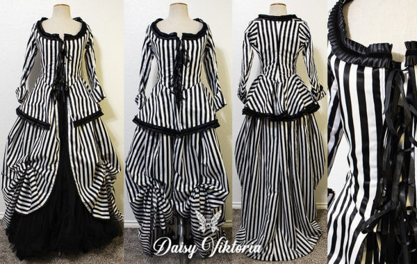 black white striped gothic rococo gown