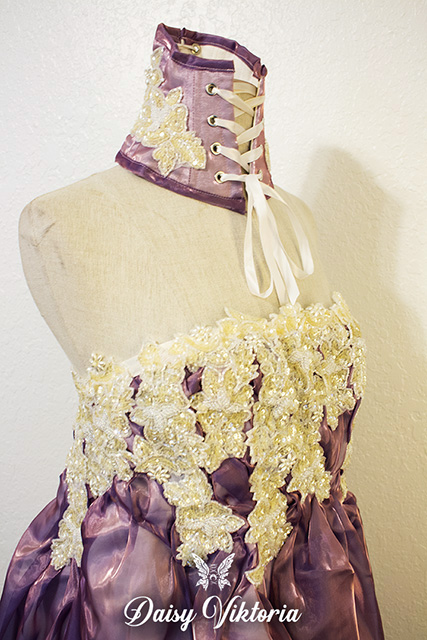 purple white beaded applique fairy dress