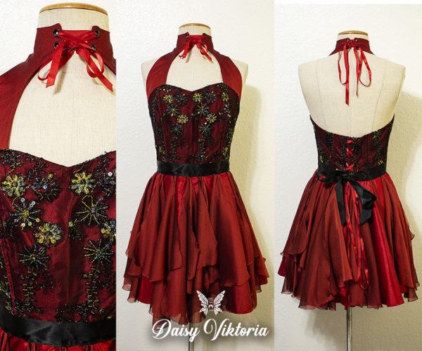 red embroidered lace halter fairy dress