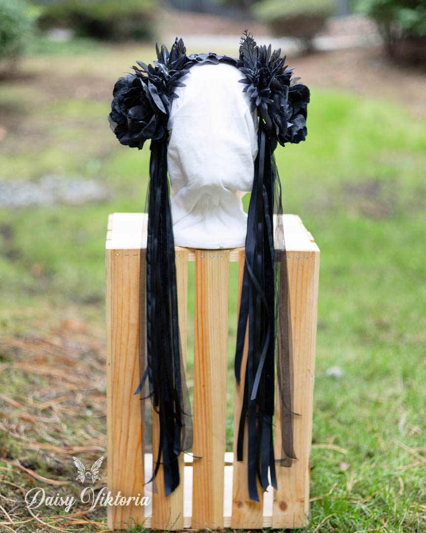 Witchy Halloween Fairy Headpiece Floral Crown - Black Roses and Spider - Image 2